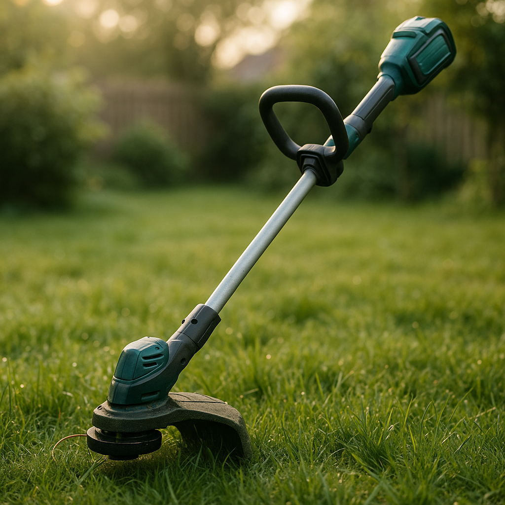 Akku-Rasentrimmer – Anwendung im Garten (AI generiert)