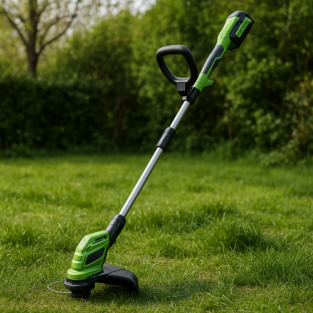 Akku-Rasentrimmer – Anwendung im Garten (AI generiert)