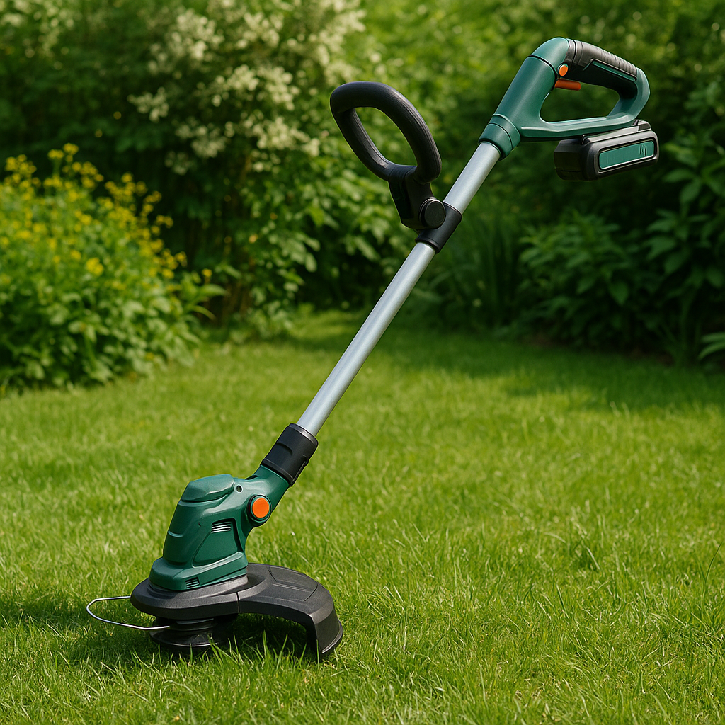 Akku-Rasentrimmer – Anwendung im Garten (AI generiert)