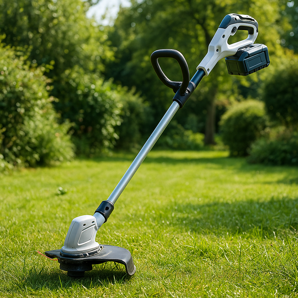 Akku-Rasentrimmer – Anwendung im Garten (AI generiert)