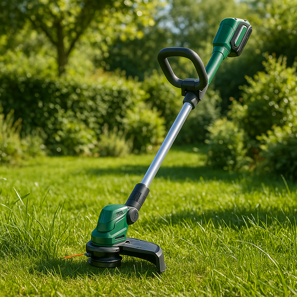 Akku-Rasentrimmer – Anwendung im Garten (AI generiert)