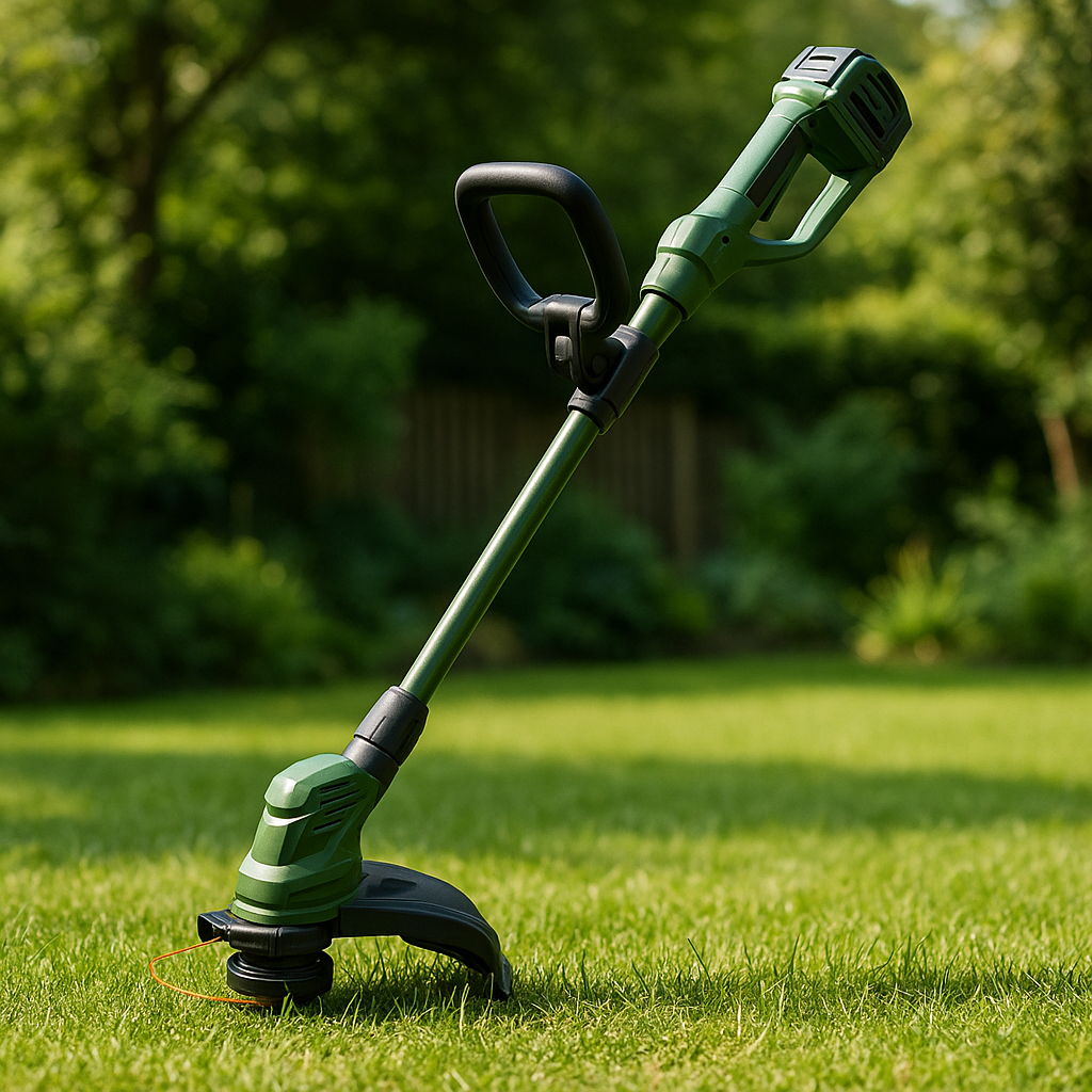 Akku-Rasentrimmer – Anwendung im Garten (AI generiert)