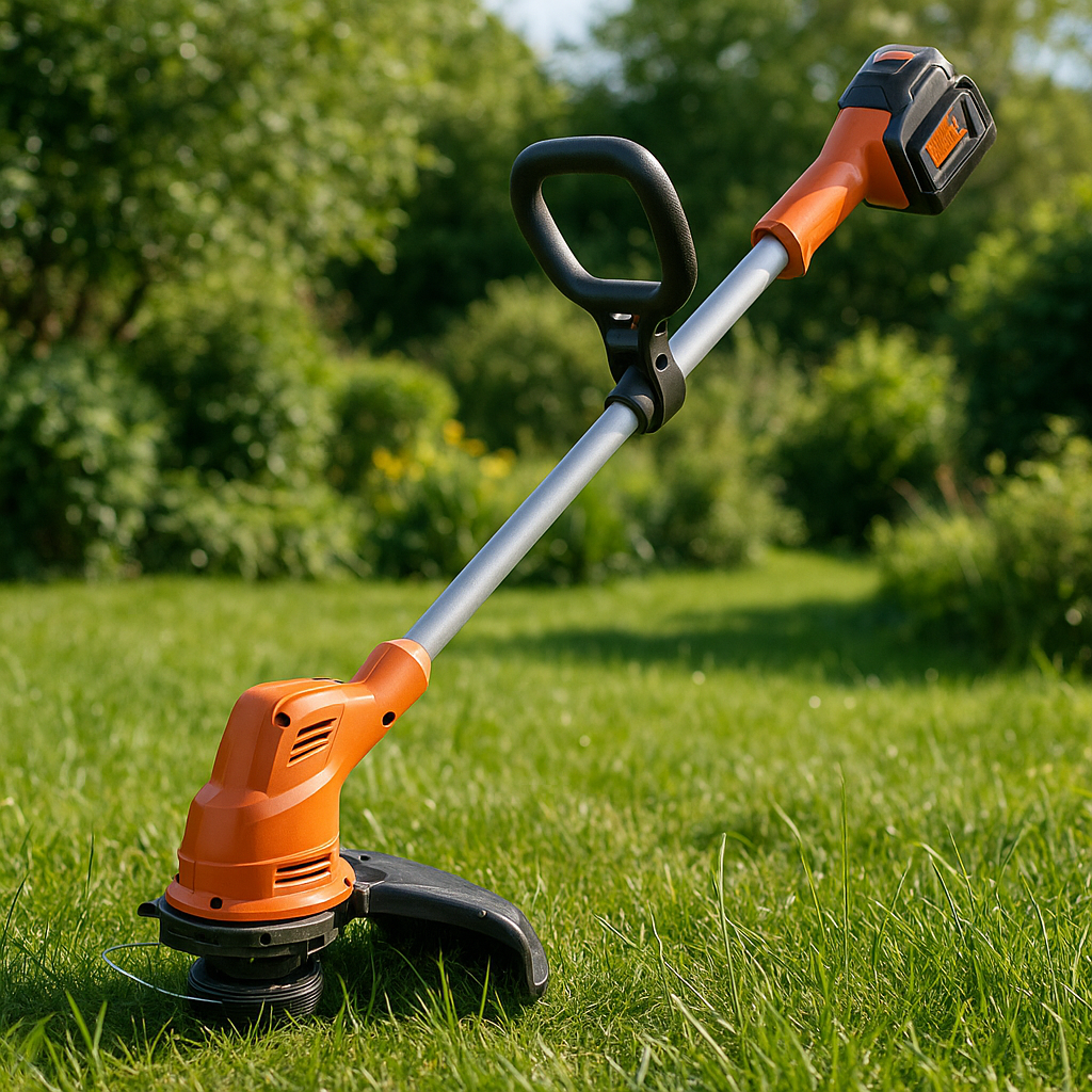 Akku-Rasentrimmer – Anwendung im Garten (AI generiert)