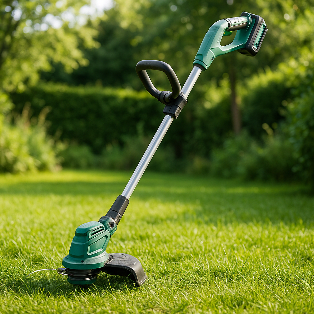 Akku-Rasentrimmer – Anwendung im Garten (AI generiert)