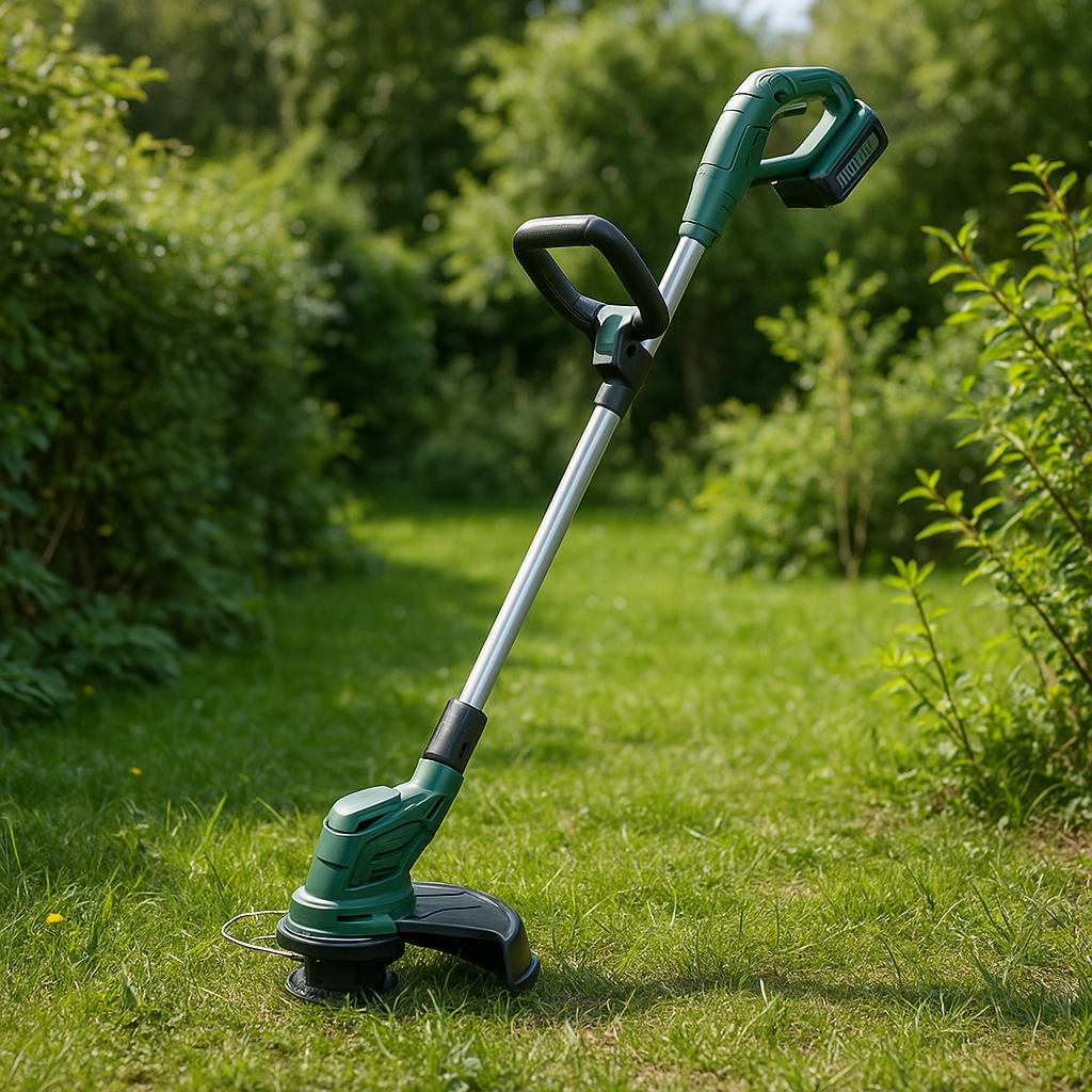 Akku-Rasentrimmer – Anwendung im Garten (AI generiert)