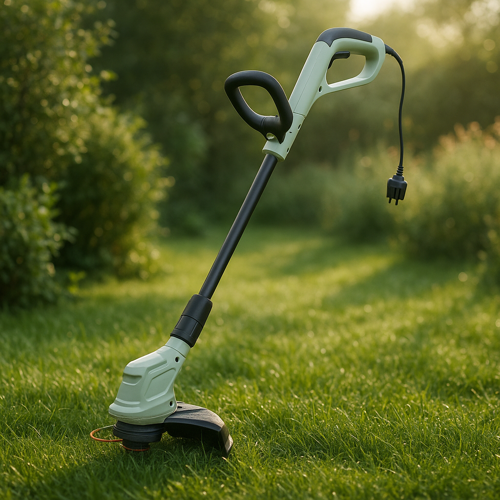 Akku-Rasentrimmer – Anwendung im Garten (AI generiert)