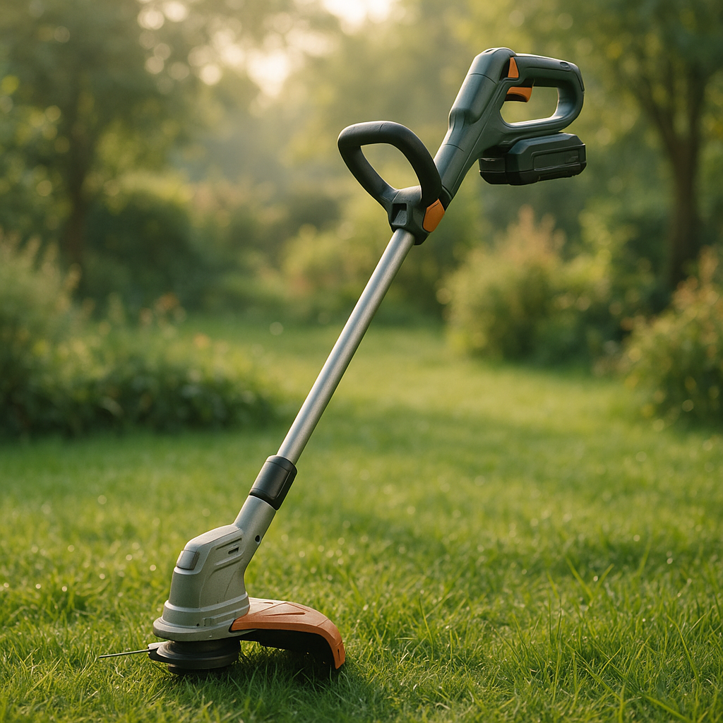 Akku-Rasentrimmer – Anwendung im Garten (AI generiert)
