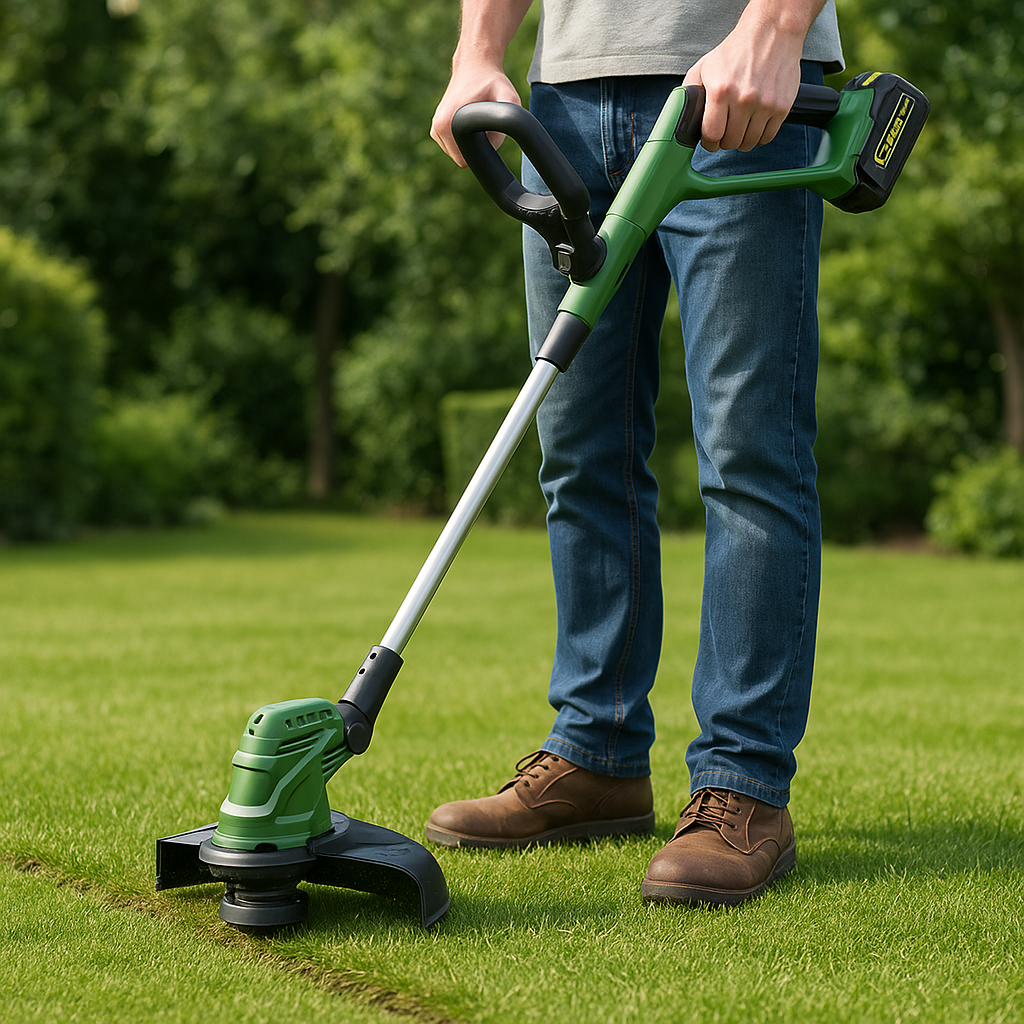 Rasentrimmer – Anwendung im Garten (AI generiert)